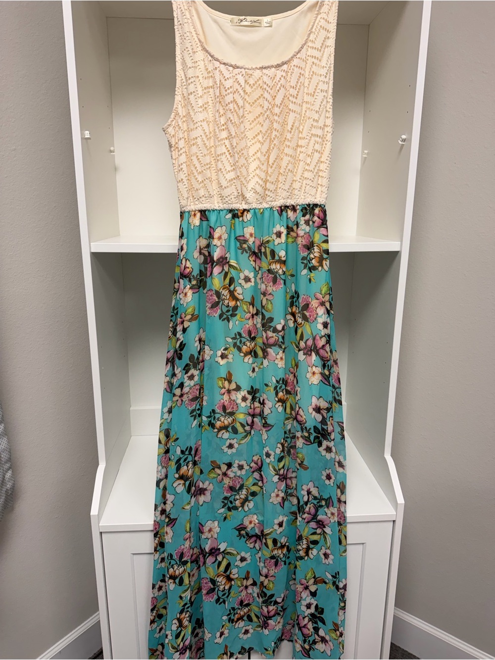 Liberty Love Cream Beaded Bodice Teal Floral Maxi Dress